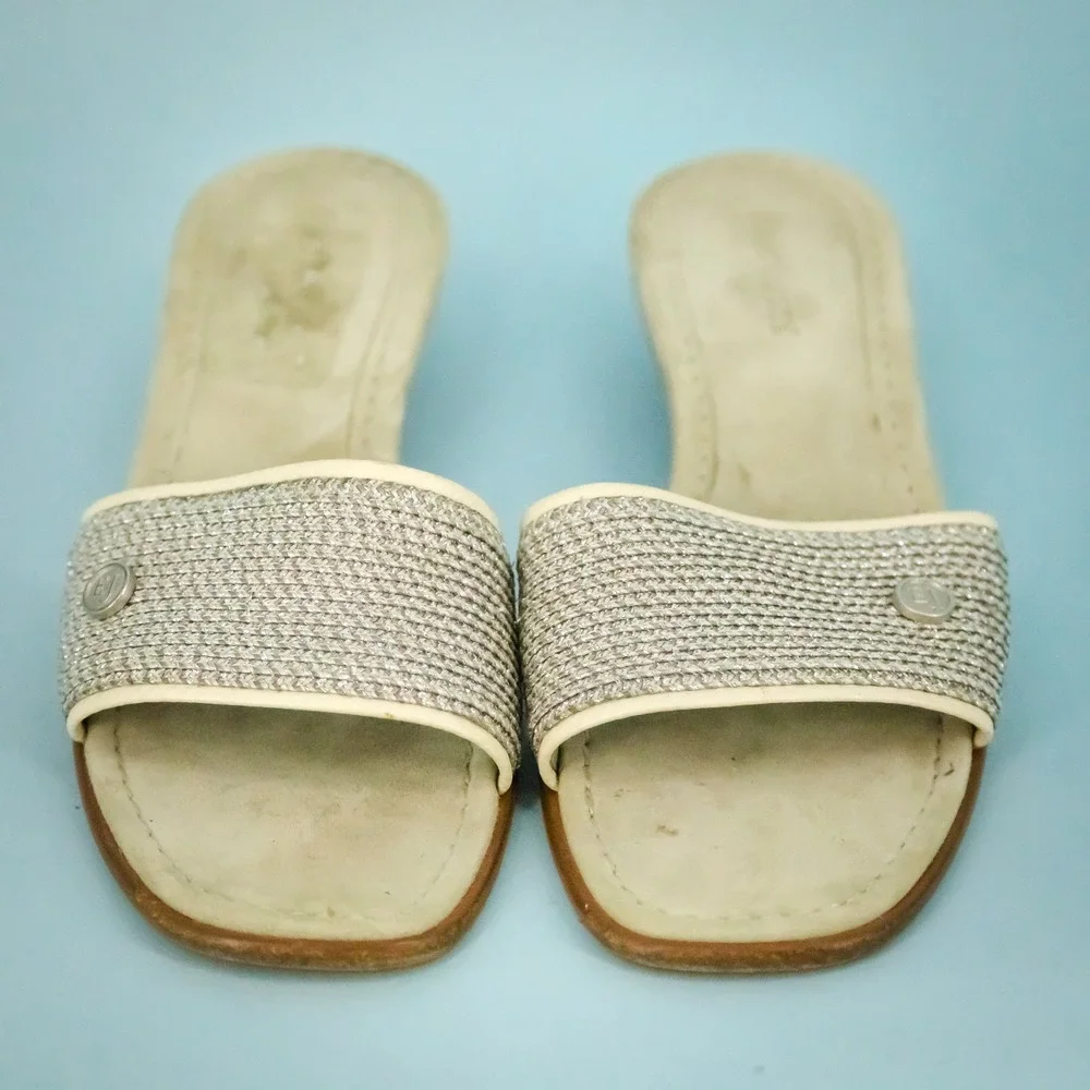 Eric Javits Size 9 Bellport Raffia Metallic Leather Slip On Kitten Heel Sandals